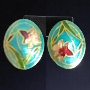 Vintage Cloisonne Flower Design Pierced Earrings Small Oval Multicolor